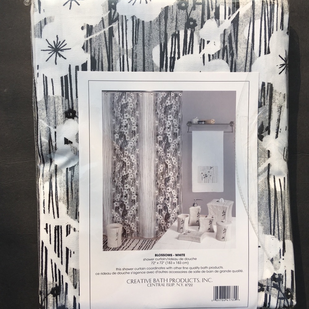 Floral Shower Curtain Black White Blossoms 72” x 72” Creative Bath Products New